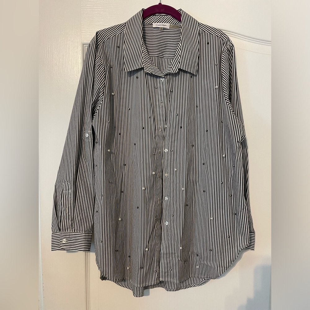 CALVIN KLEIN XL Black and White Striped Button Down Shirt Pearl Embelished